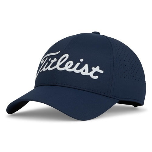 A navy Titleist hat on a white background