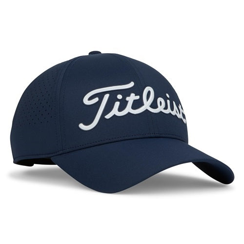 A navy Titleist hat on a white background