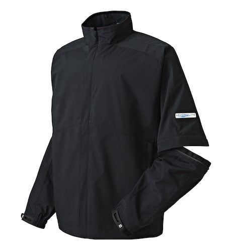 A hero image of a black FootJoy Hydrolite Rain Jacket on a white background