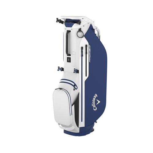 A hero image of a white and blue Callaway golf stand bag on a white background