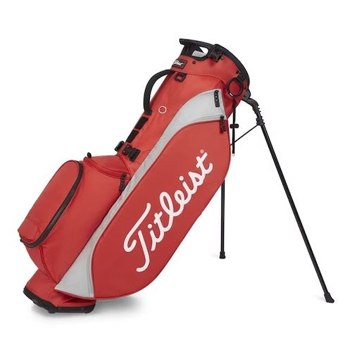 Red golf bag with Titleist logo on a white background