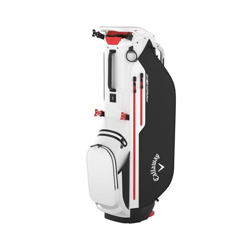 A hero image of a white, black and red Callaway golf stand bag on a white background