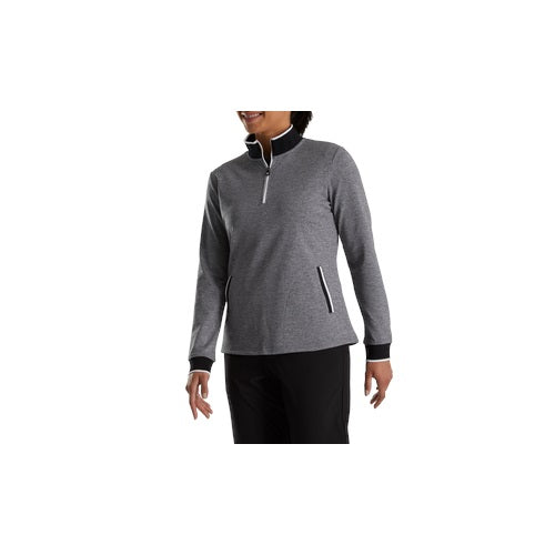 An image of FootJoy Women's Half Zip Fleece Back Pique Midlayer - Black Heather - M on a white background
