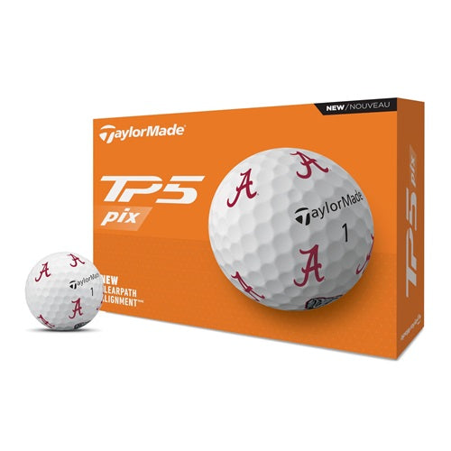 A box of TaylorMade TP5 Pix golf balls with Alabama "A" logo