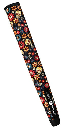 Product image of a Swannies "Muertos" golf putter grip covered in flower and skull icons