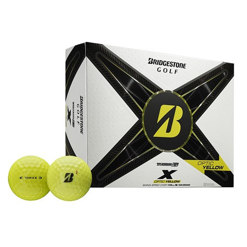 A hero image of Bridgestone Tour B X Yellow golf balls in box on a white background