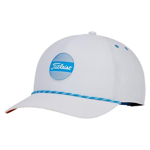 A white Titleist rope hat with blue patch and rope