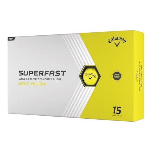 A hero image of a box of Callaway Superfast bold yellow golf balls
