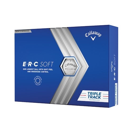 An image of the Callaway ERC Soft Triple Track golf ball packaging on a white background