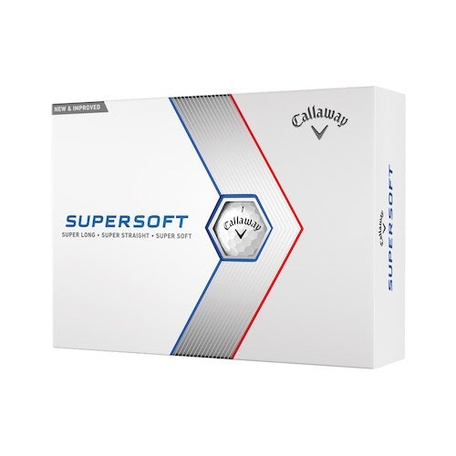 An image of the Callaway Supersoft white golf ball packaging on a white background