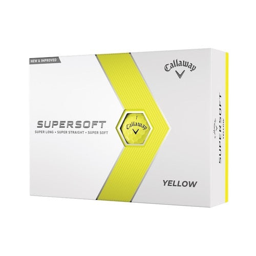 An image of the Callaway Supersoft Yellow golf ball packaging on a white background