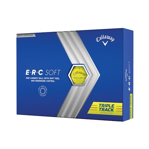 An image of the Callaway ERC Soft Yellow golf ball packaging on a white background