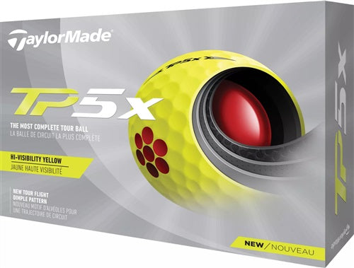 A box of TP5X Yellow golf balls on a white background