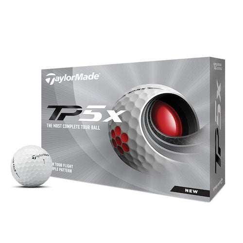 A box of white TaylorMade TP5x golf balls on a white background