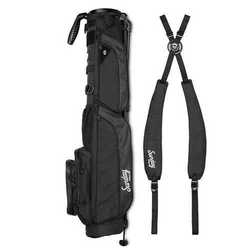 Sunday Golf Black golf bag and straps on white background