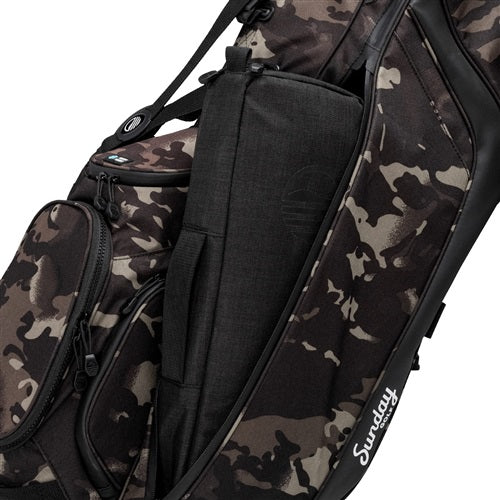 Sunday Golf Big Frosty Cooler Bag resting in camo stand bag side pocket