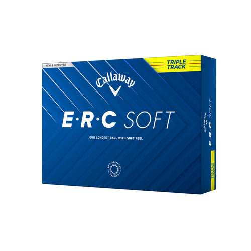 A hero image of Yellow Callaway ERC Soft Triple Track golf balls in box on a white background