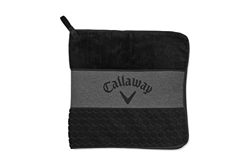 A black Callaway golf towel on a white background