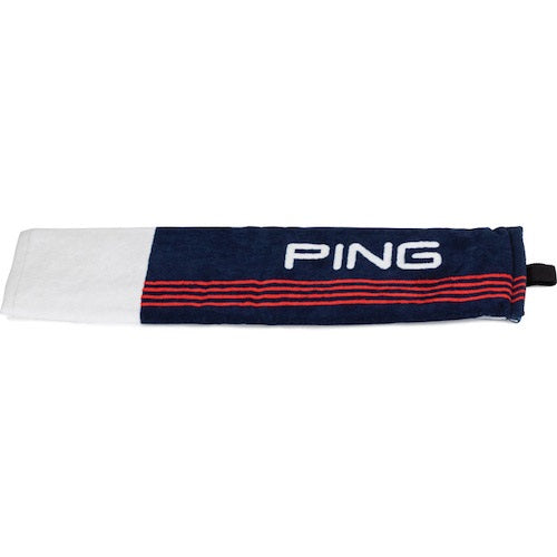 An image of PING 214 Tri-Fold Towel - Navy / White / Red on a white background