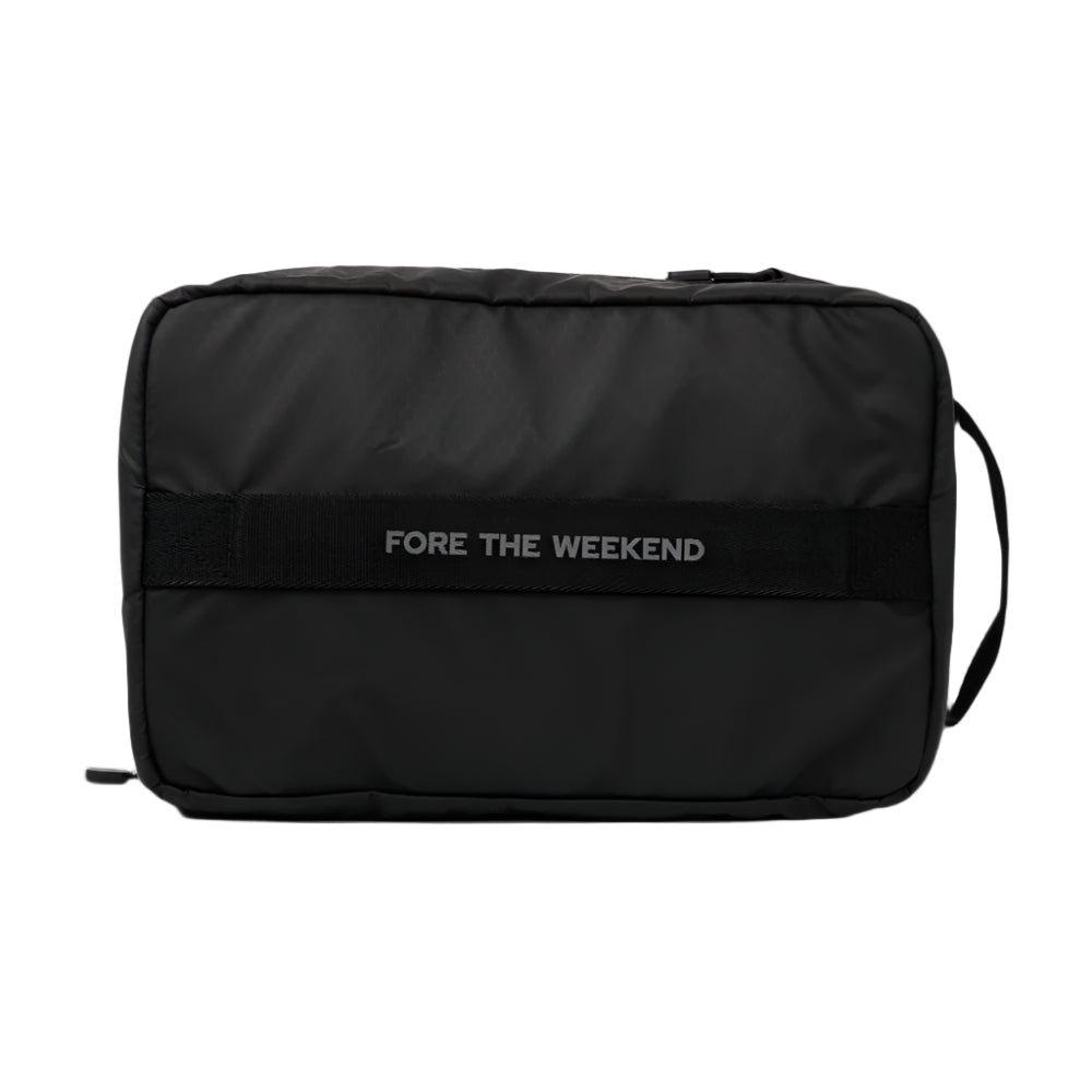 Sunday Golf Black Shoe Bag Reading "Fore The Weekend" on a white background