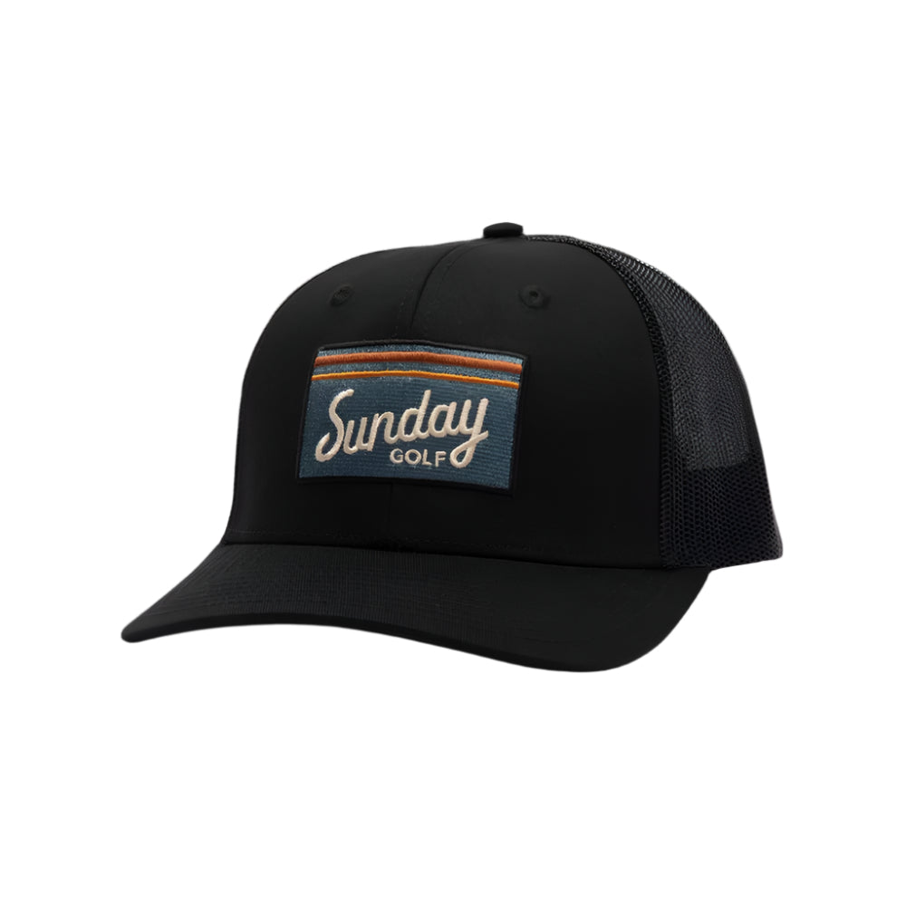 Sunday Golf Black Trucker Hat on white background