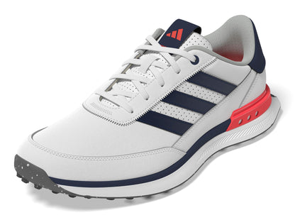 White Adidas golf shoe with blue and red accents on a white background