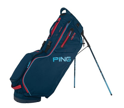 An image of PING Hoofer 201C Stand Bag - Double Strap - Navy/Bright Blue/Red on a white background