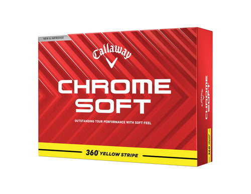 A hero image of Callaway Chrome Soft 360 Yellow Stripe Golf Ball in box on a white background