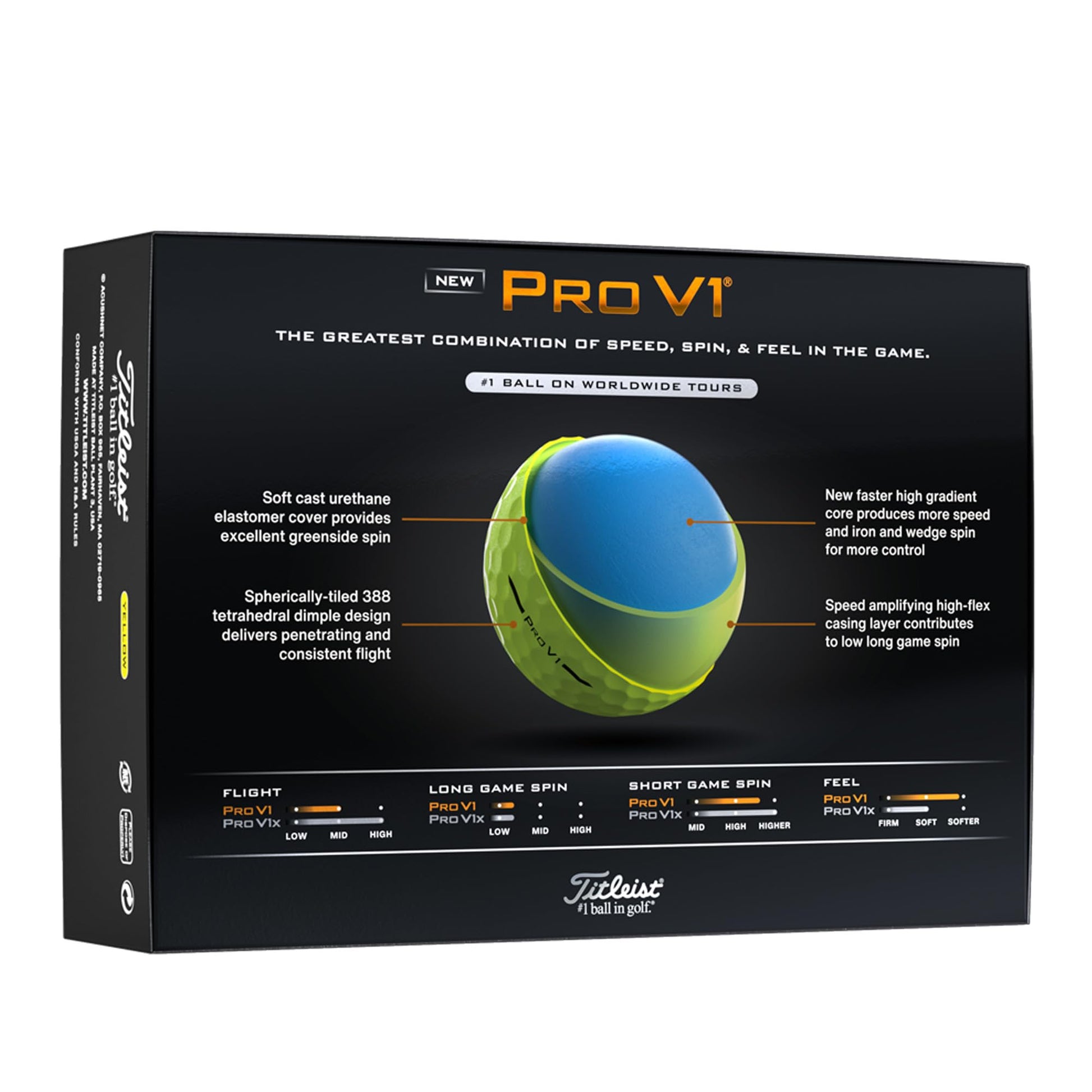 Titleist Pro V1 golf ball packaging with detailed specifications on a white background