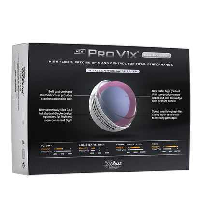 Product image of back side of the box showing product details of the Titleist Pro V1x golf balls