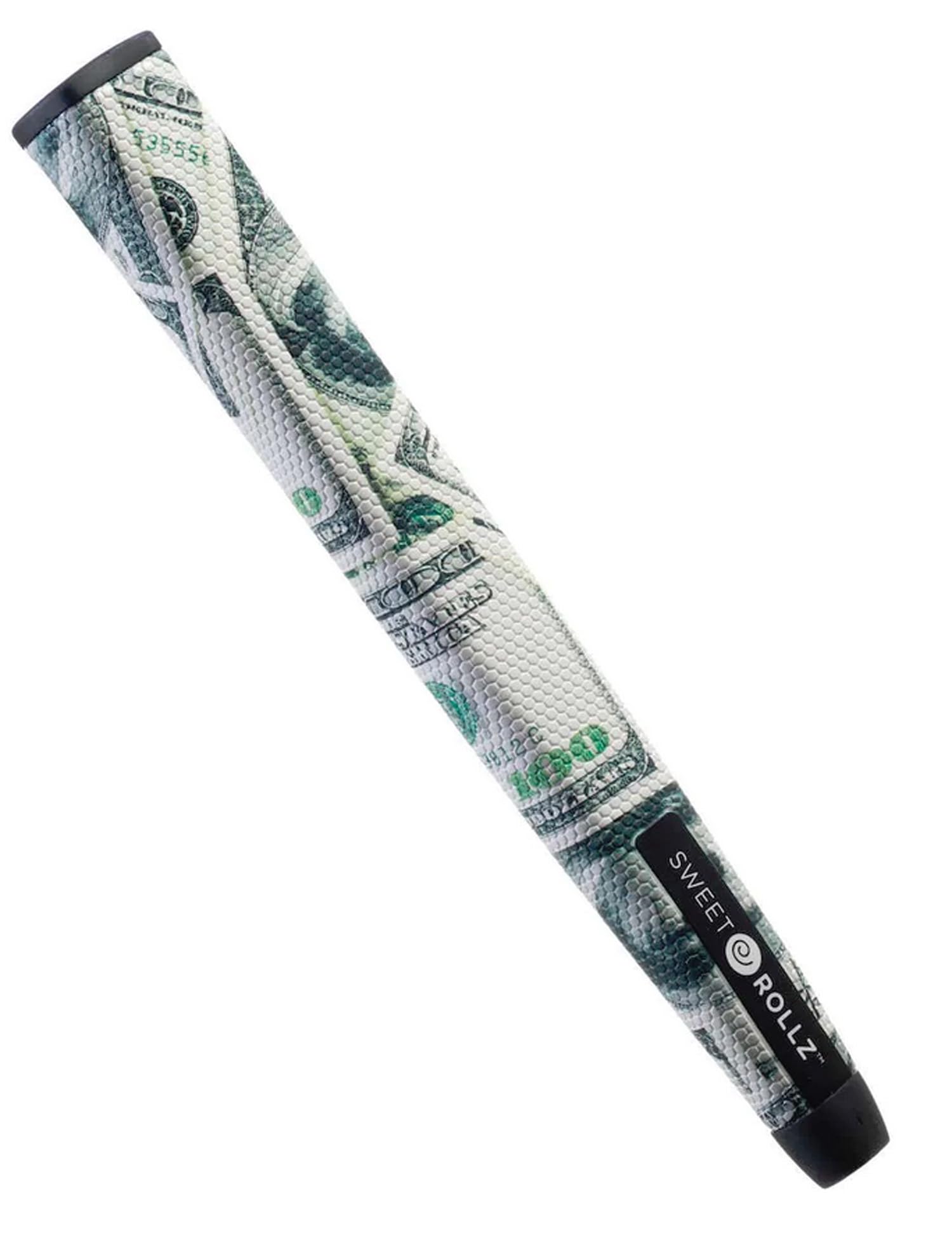 A product image of a Sweetrollz "C-Note" gol putter grip covered in $100 bill icons