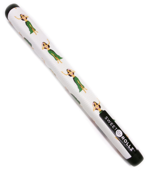 A product image of a Sweetrollz "Hula Girl" golf putter grip in white with hula girl icons