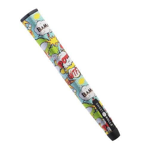 A product image of a Sweetrollz "WTF?" golf putter grip with comics on the grip