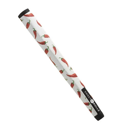 A product image of a Sweetrollz "Heat" golf putter grip in white with red chili pepper icons