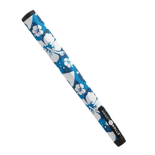 A product image of a Sweetrollz "Mahalo" golf putter grip in blue with white flowers