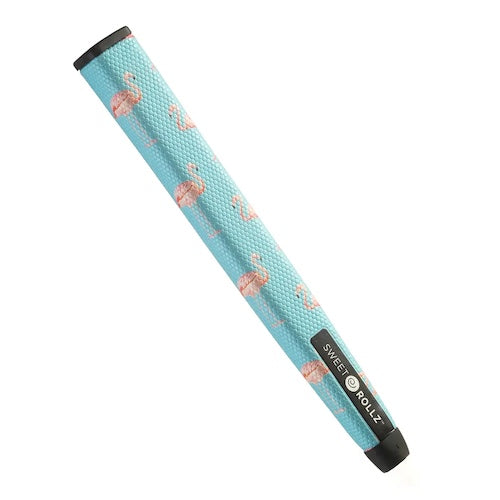 A product image of a Sweetrollz "South Beach" golf putter grip in blue with flamingo icons