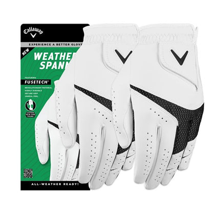 An image of Callaway Weather Spann Premium Synthetic Glove (White, 2-Pack, Standard, XX-Large, Worn on Left Hand) on a white background