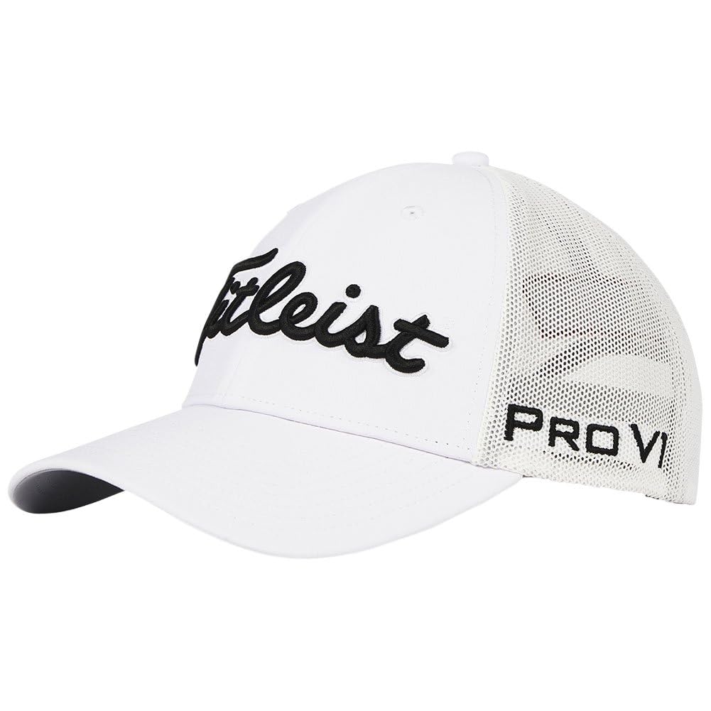 An image of Titleist Tour Performance Mesh Hat White/Black One Size Fits Most on a white background