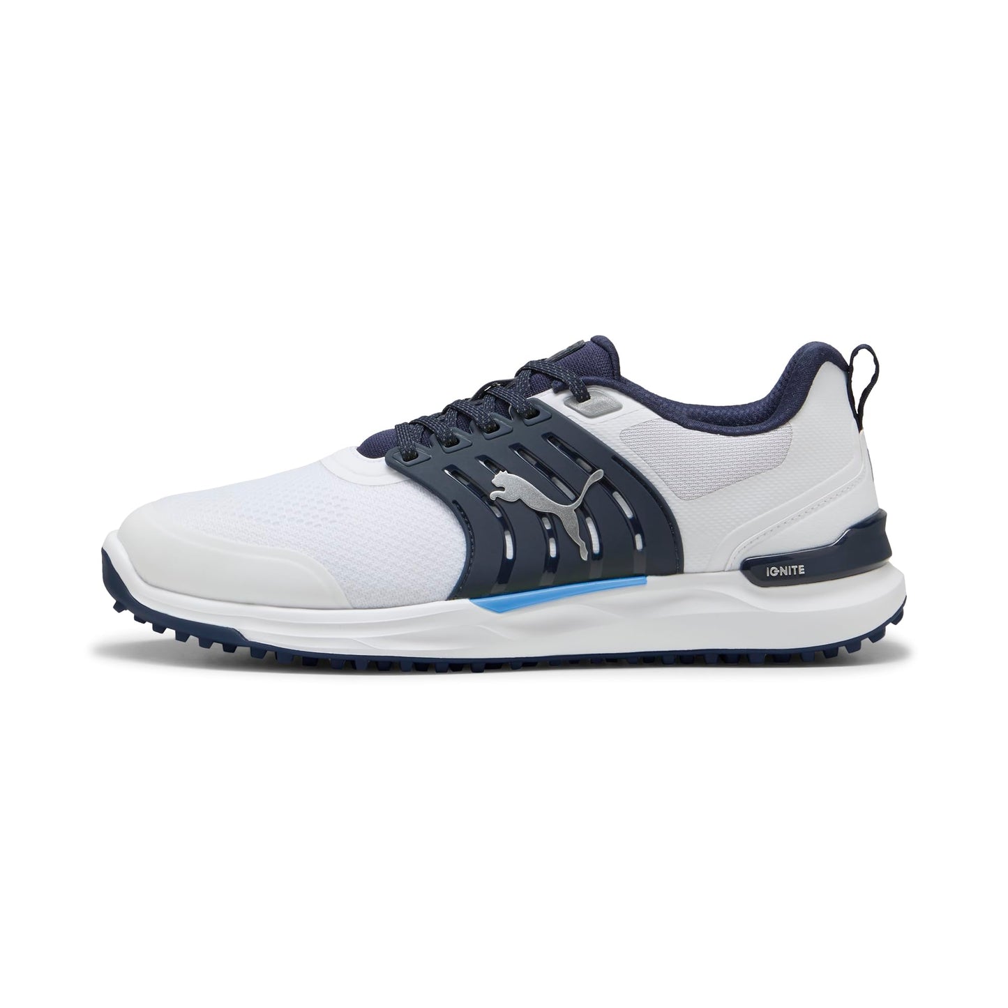 An image of Puma Men's Ignite Elevate X Shoe, Puma White/Deep Navy, 11 on a white background