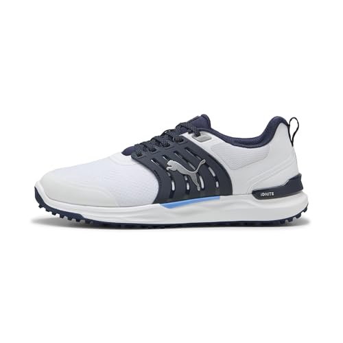 An image of Puma Men's Ignite Elevate X Shoe, Puma White/Deep Navy, 9.5 on a white background