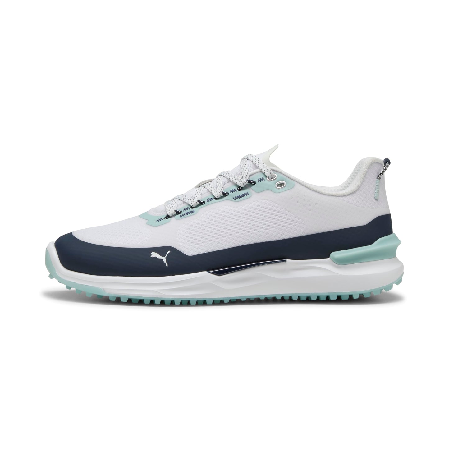 An image of Puma Men's Ignite Elevate X Shoe, Puma White-DEEP Navy-Modern Mint, 10 on a white background