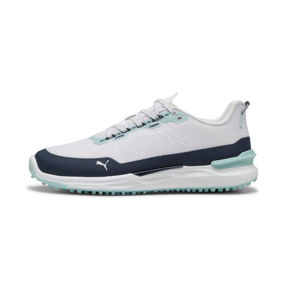 An image of Puma Men's Ignite Elevate X Shoe, Puma White-DEEP Navy-Modern Mint, 11.5 on a white background