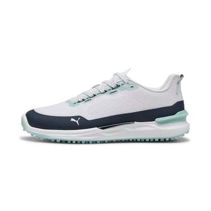 An image of Puma Men's Ignite Elevate X Shoe, Puma White-DEEP Navy-Modern Mint, 12 on a white background