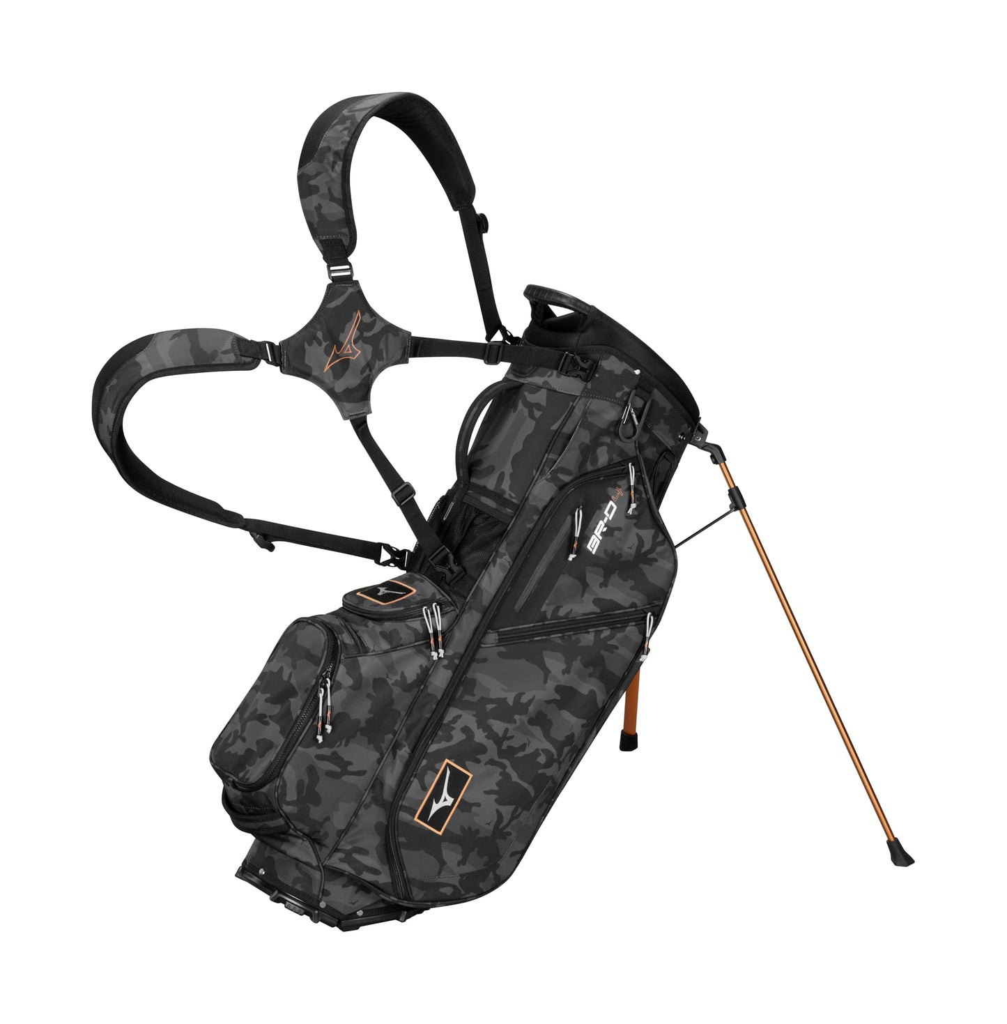 An image of Mizuno 2025 BR-D4 Golf Stand Bag - Black Camo / Copper on a white background