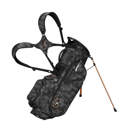 An image of Mizuno 2025 BR-D4 Golf Stand Bag - Black Camo / Copper on a white background