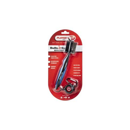 An image of Player'S Aid Bulls Eye Brush - Single In Blister Pack - Black/Blue on a white background