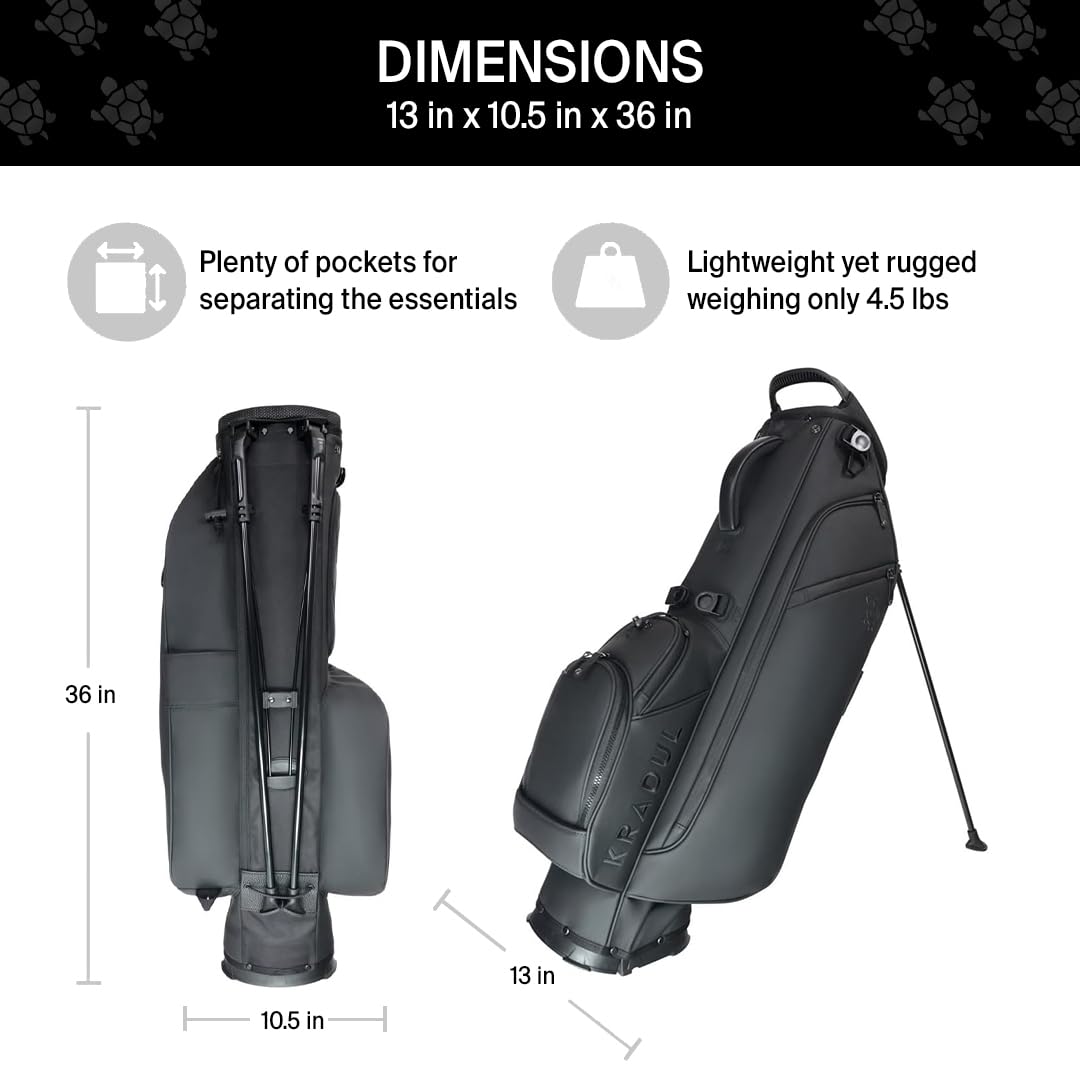 Golf bag with dimensions and features highlighted on a white background