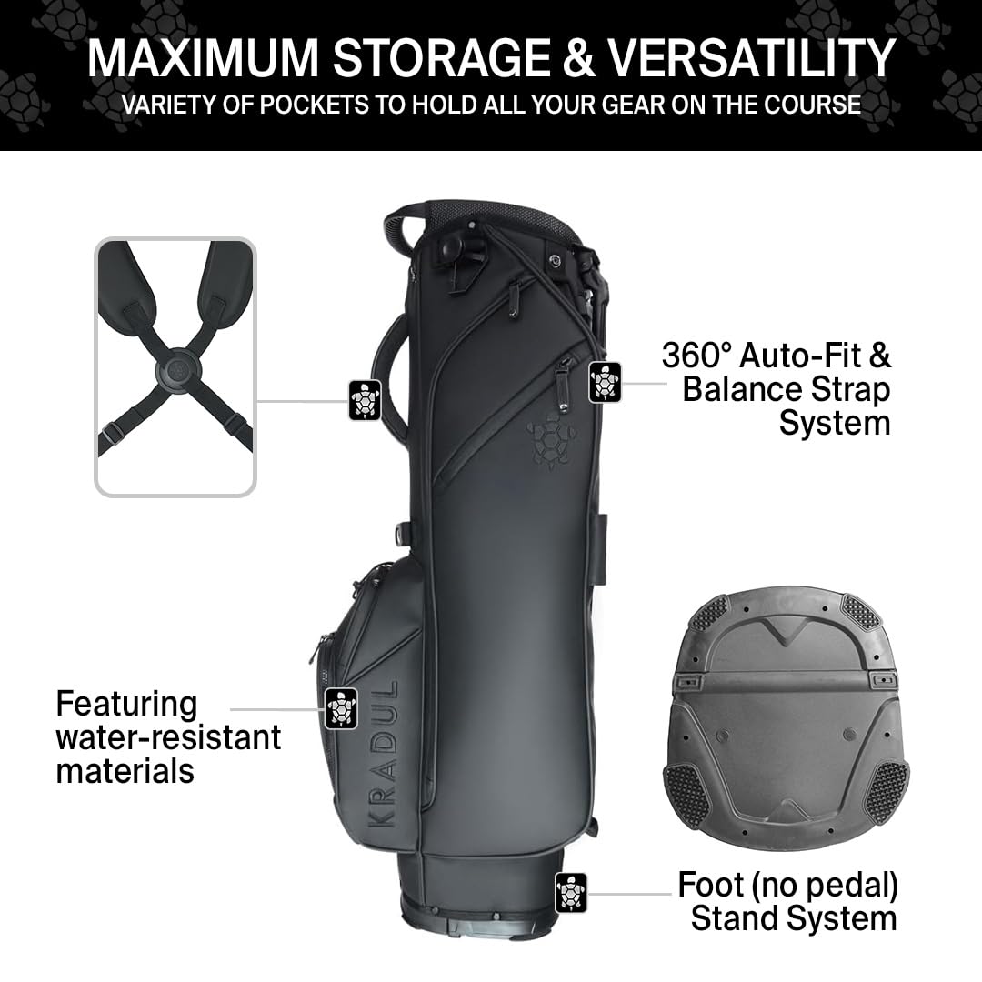 Black golf bag with features highlighted on a white background