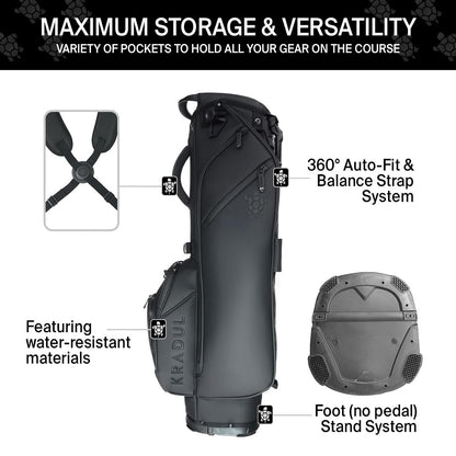 Black golf bag with features highlighted on a white background