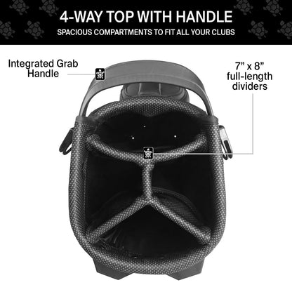 Golf bag with labeled features on a white background